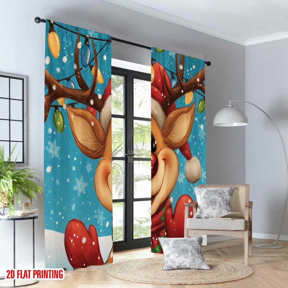 2pcs 2D flat printing Merry Christmas Curtains Cute cartoon reindeer Christmas greeting Digital Printed Polyester Drapes Festive