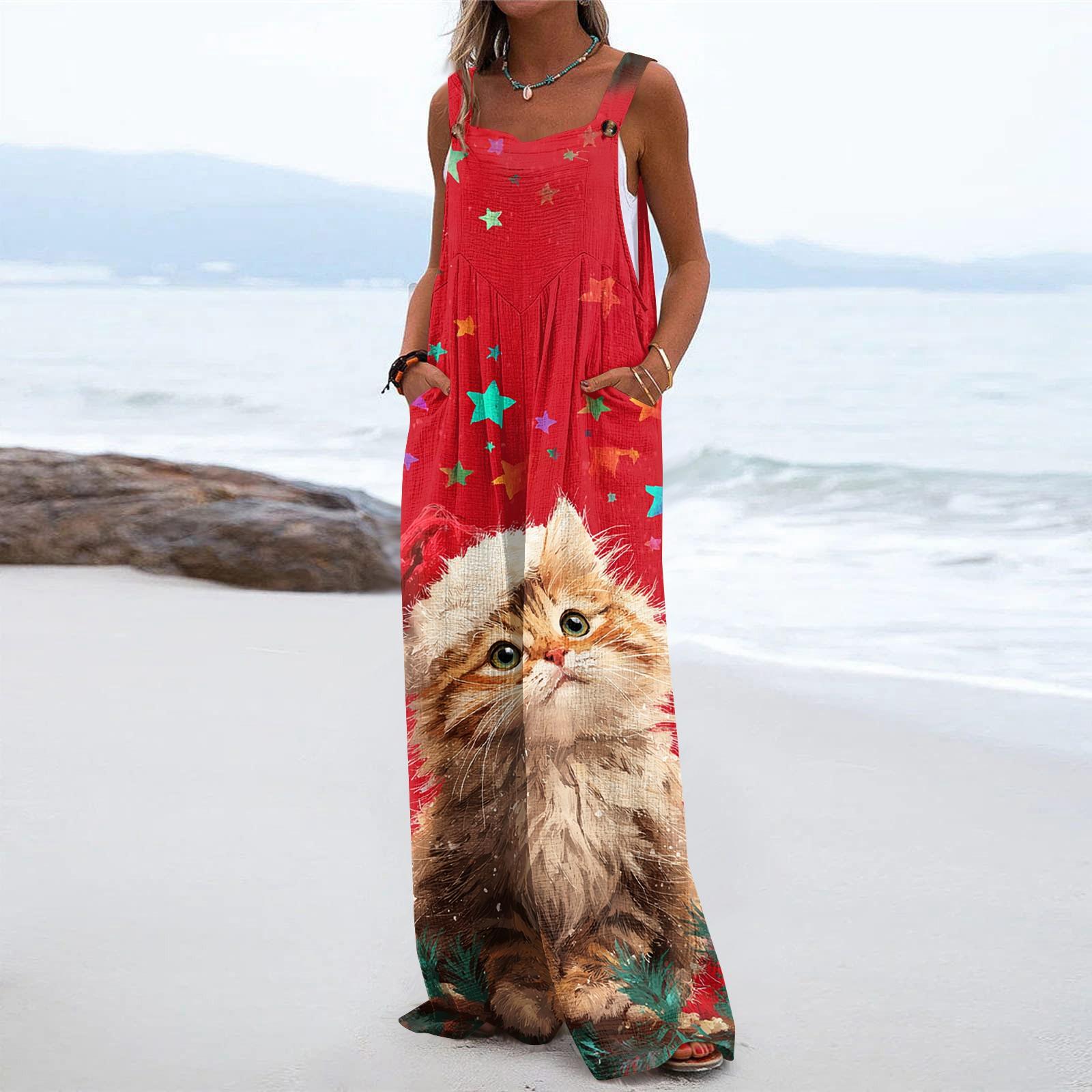 

Женский рождественский принт однотонный широкий крой без бретелек майка карман повседневный комбинезон XL арбуз красный