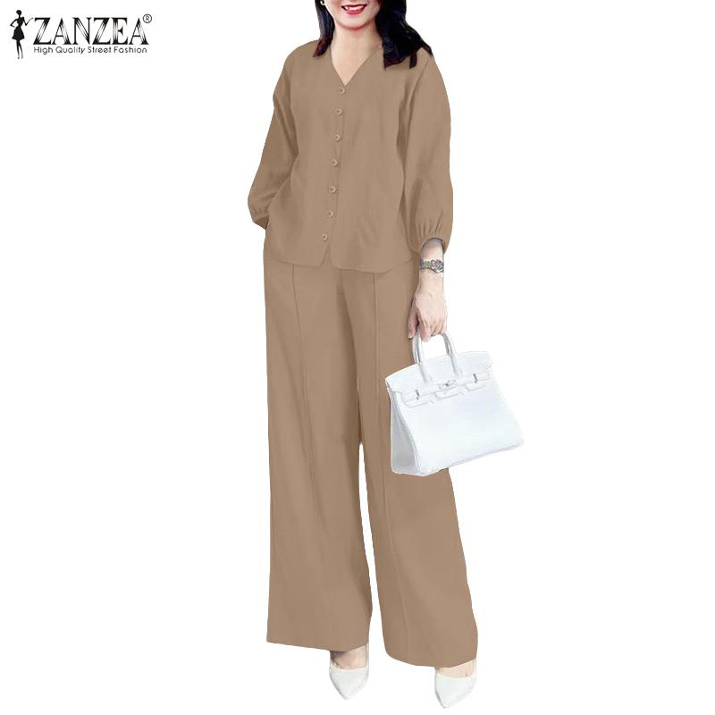 ZANZEA Women 3/4 Sleeve Blouse and Pants Casual Two Piece Sets