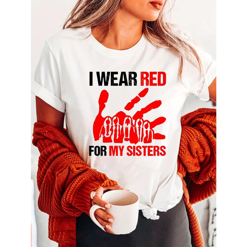 Ich trage ein rotes T-Shirt mit Aufdruck, Rundhalsausschnitt, Kurzarm, Lässiges Oberteil für Sommer & Frühling