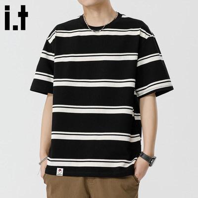 CHOCOOLATE Men's Stripe Color-block Crew Neck T-Shirt