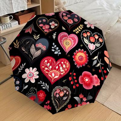 1PC Heart Floral Pattern Small Travel Compact Windproof Umbrella, Automatic Folding Umbrella, Automatic Open/Close ,Gift-99