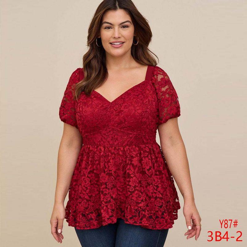 

Single Plus Size Women s Clothing Fat Girl Belly-Covering Short Sleeve Tops Summer T-shirt Square Collar Lace Fitted Waist Figure Flattering Shirt Y87 Burgundy 6