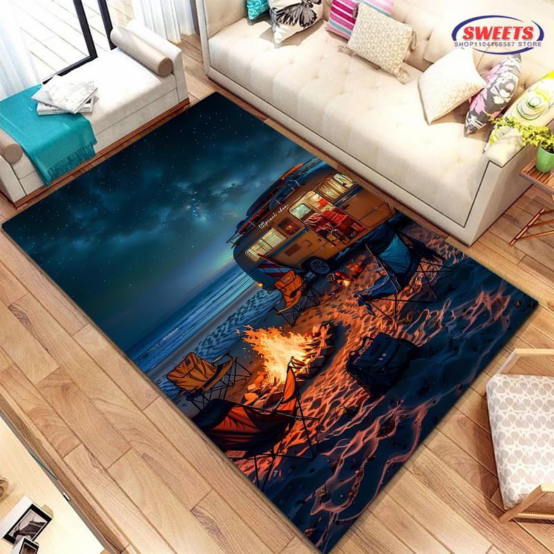 New Shelves! Outdoor Camping Theme Printed Carpet, Living Room Bedroom Office Children's Room Rug, Non-slip Machine Washable Mat