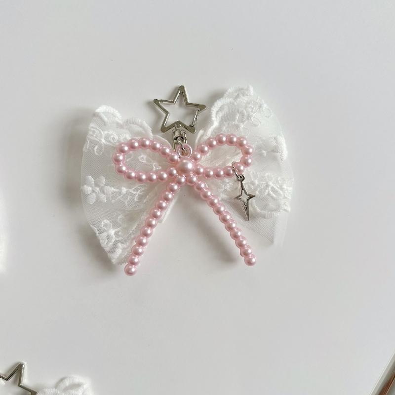 Bead Bow Lace Pearl Keychain INS Style Creative Pendant for Women Purse Handbag Lovely Gift