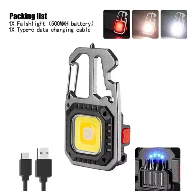 Mini Rechargeable Keychain Flashlight with COB LED Multifunctional Work Light, Bottle Opener, Window Breaker for Outdoor, Emergency, Camping