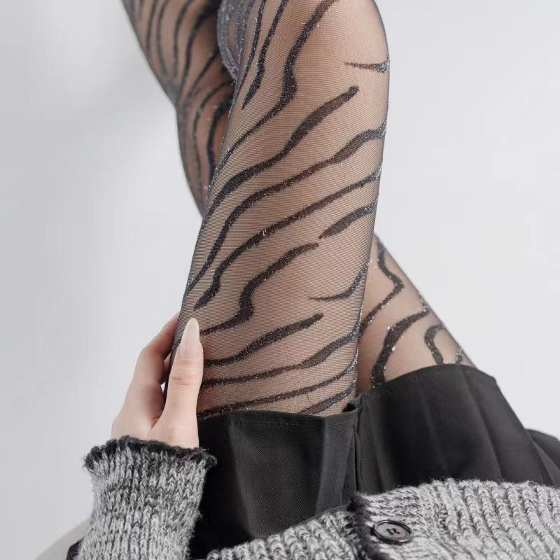 Women Glitter Silver Silk Pantyhose Sexy Zebra Stripes Geometric Pattern Tights High Stockings