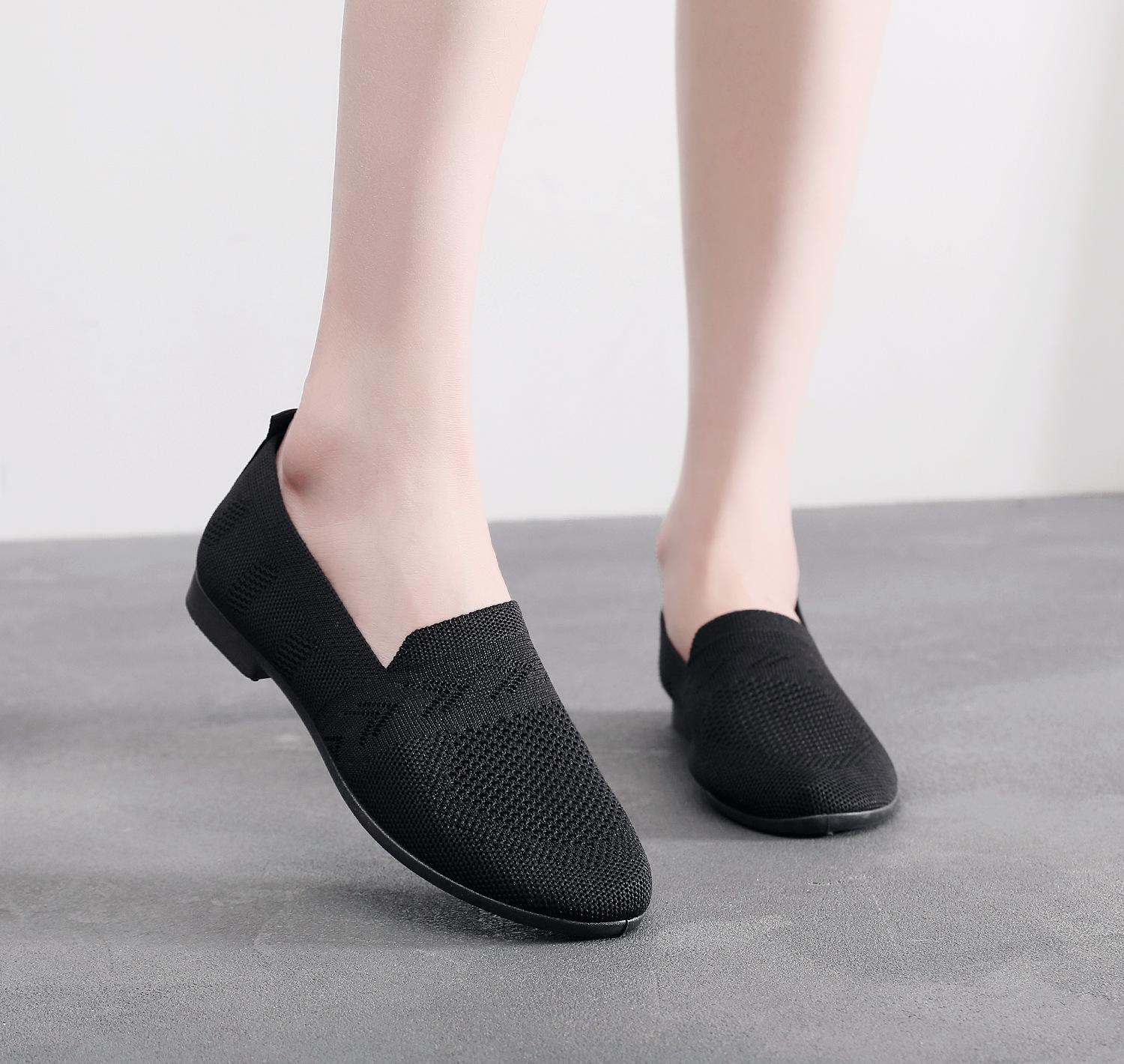 

Верхние одинарные туфли из ткани, женские однотонные сетчатые туфли, летающие плетеные повседневные туфли для мам с круглым носком и плоским дном, рабочие одинарные туфли с одной педалью 35 чёрный