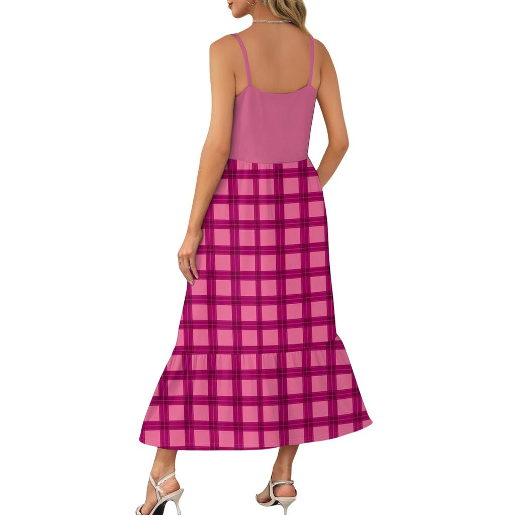 Women's Long Beach Casual Elegant Spaghetti Strap Maxi Dress Plaid Print Low-key Flowing Bohemian Dress