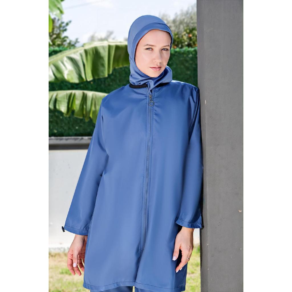 Schwarzer, vollständig bedeckter, wasserabweisender, schnell trocknender Hijab-Badeanzug mit seitlich verstellbarem Reißverschluss