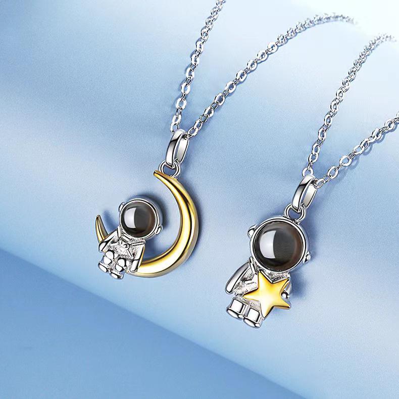 S925 Sterling Silver Astronaut & Star Moon Pendant Necklace - Trendy Japanese Korean Style for Women