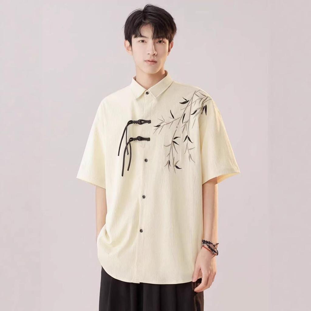 Men's Casual Bamboo Embroidery Short Sleeve Shirt - National Style