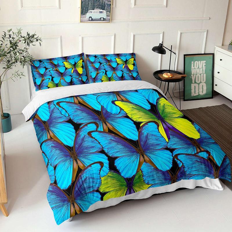 Butterfly Duvet Cover Set Queen Size Blue White Butterflies Printed Comforter Cover For Girls Kids Teens Microfiber Quilt Cover