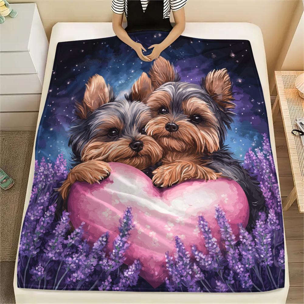 Yorkshire Terrier and Hearts pattern Flannel Blanket, High quality Comfortable for All Seasons, Home Decor, Warmth and Comfort, Perfect for Gifts.