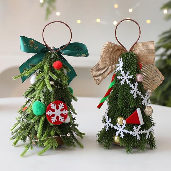 Christmas Tree Decoration Small Artificial Pine Tree Hanging Ornaments with Bow for New Year Xmas Party Home Decor