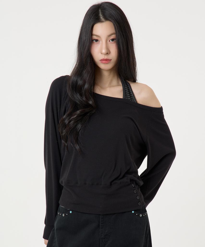 UNKNOWN PLANET [Set] Layered Striped Halter Top Long Sleeve T-Shirt Black