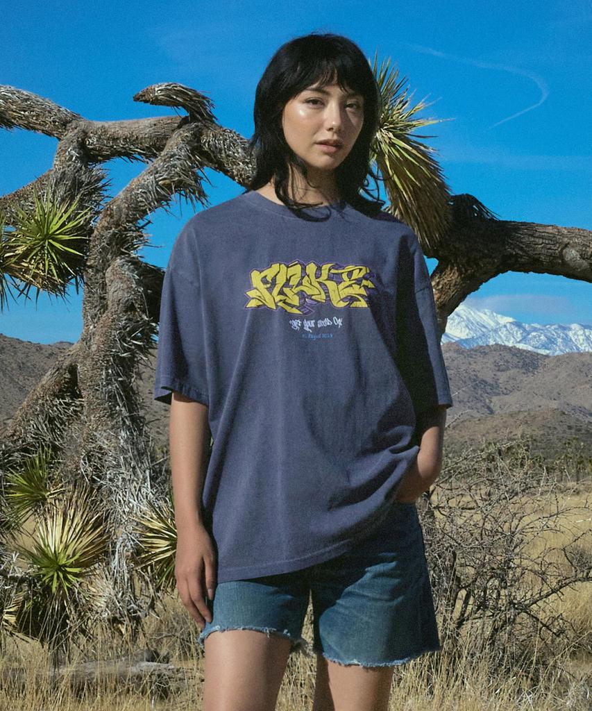 Peullukeu Crack Graffiti Logo Pigment Short Sleeve T-Shirt Light Navy Fst731