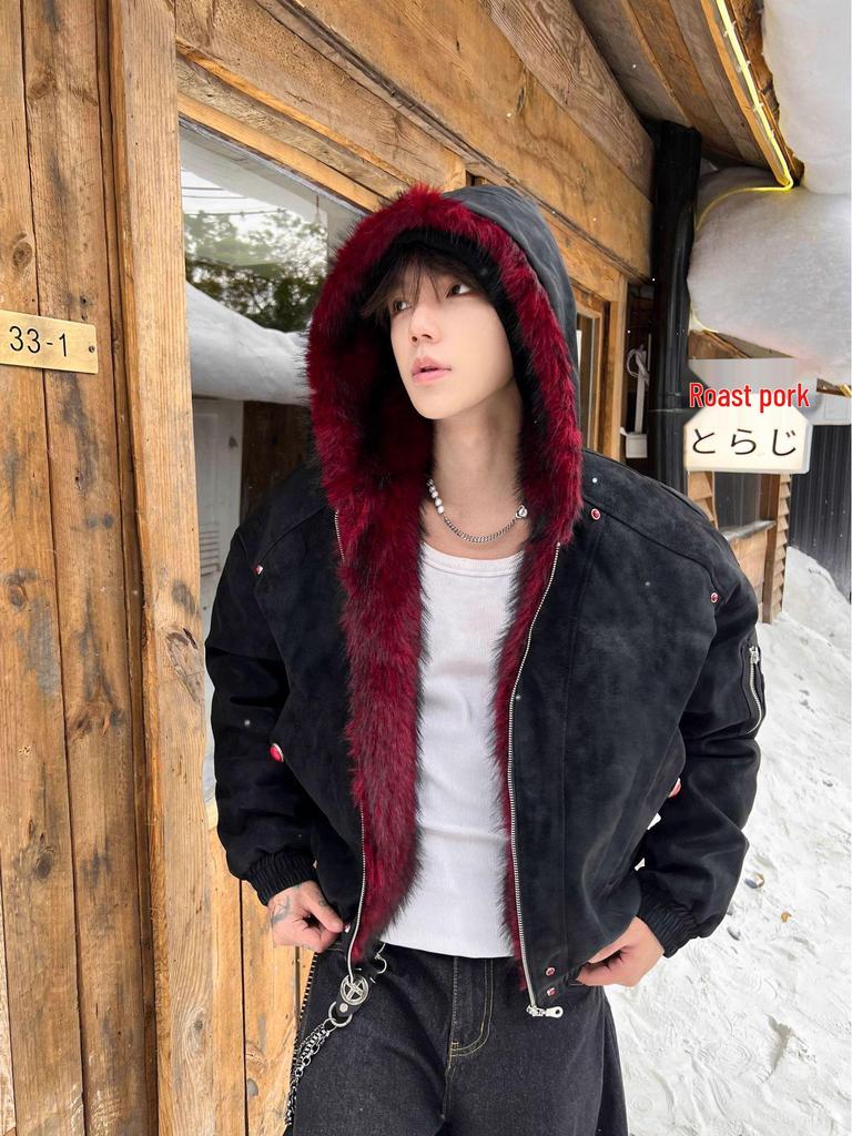 Men's Heavyweight Red Fur Collar Retro PU Leather Cotton Jacket - Plus Velvet Thick Warm Outerwear