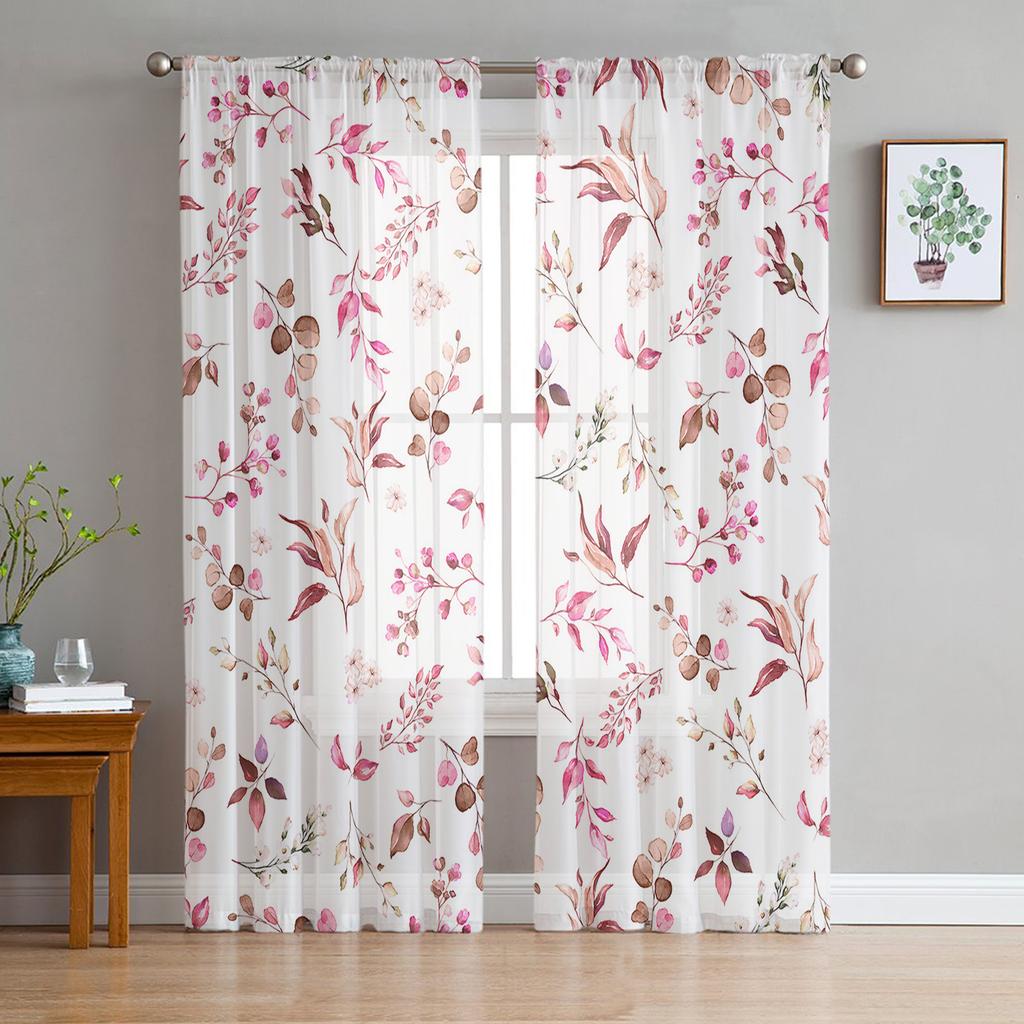 Tüllvorhang mit Aquarellblumen und Blättern, grün, Voile, transparenter Tüll für Schlafzimmer, Wohnzimmer, Küche, durchsichtige Fenstervorhänge