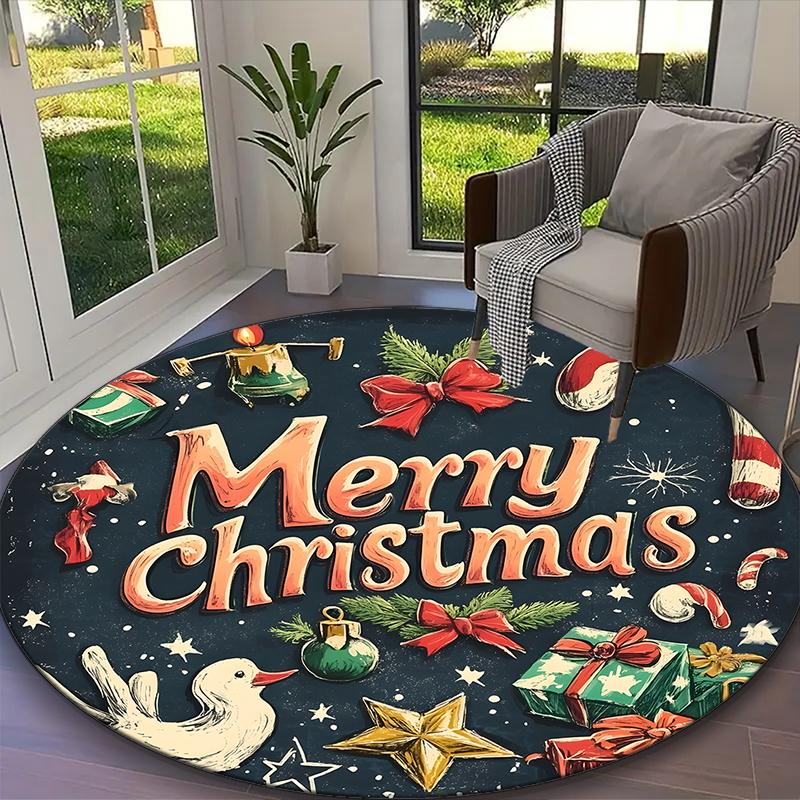 1pc General-purpose Rug, Christmas Elements Merry Christmas Printed Round Rug, Comfortable Office Chair Carpet, Home Entrance Floor Mat
