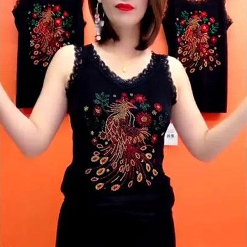 

Vintage Chic Phoenix Diamonds Tanks Elegant V-Neck Lace Spliced Summer New Sleeveless Women s Slim Casual Fashion L червоний