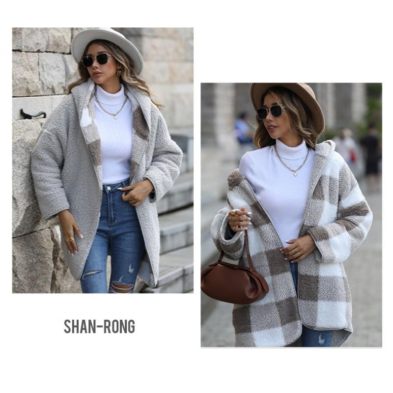Womens Oversized Hooded Bubble Fleece Coat Casual Long Sleeve Plaid Loose Fit Mid-Length Unbuttoned Jacket