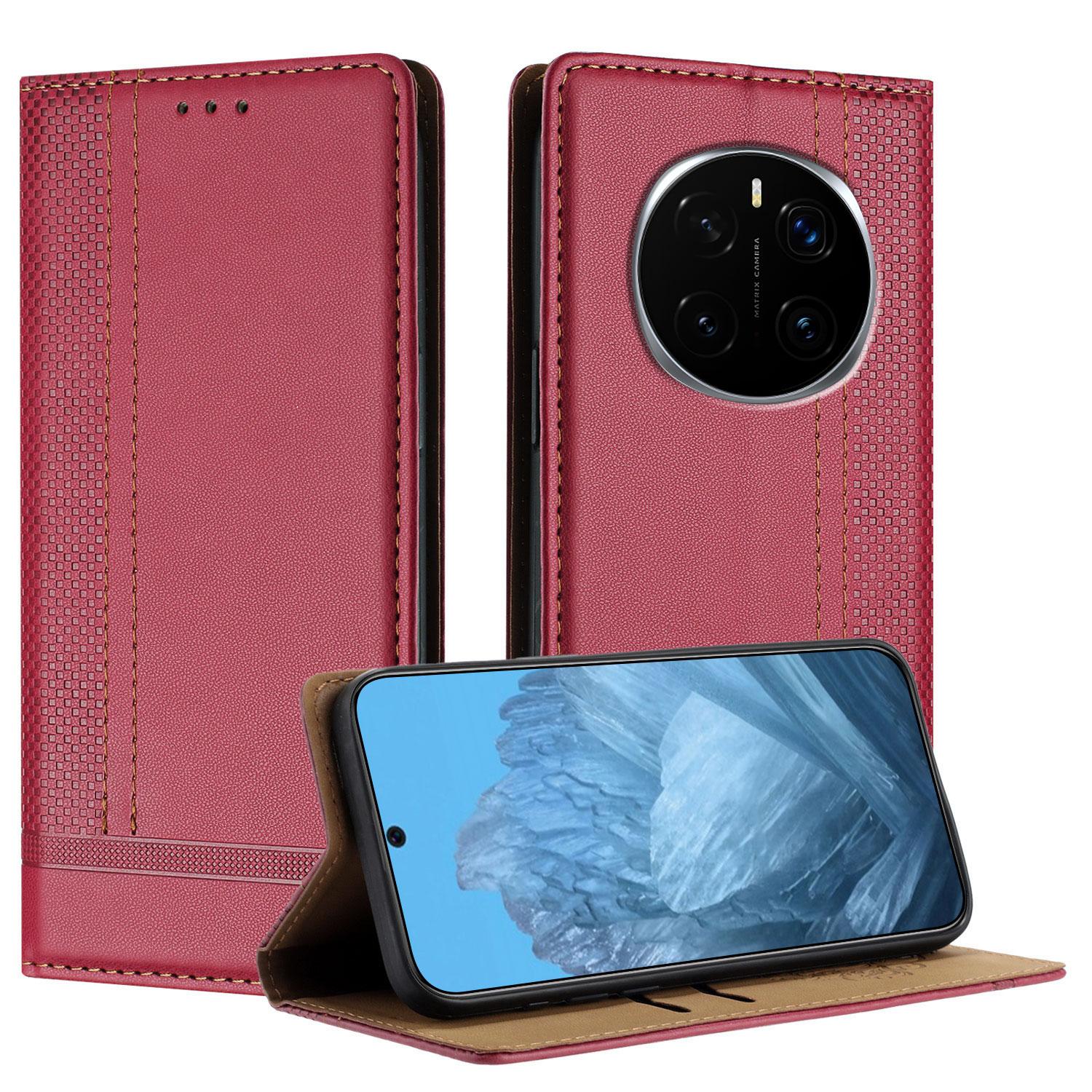 

Чехол для Honor Magic7 Pro 5G L-образный сетчатый кожаный чехол-подставка для телефона с отделениями для карт Red