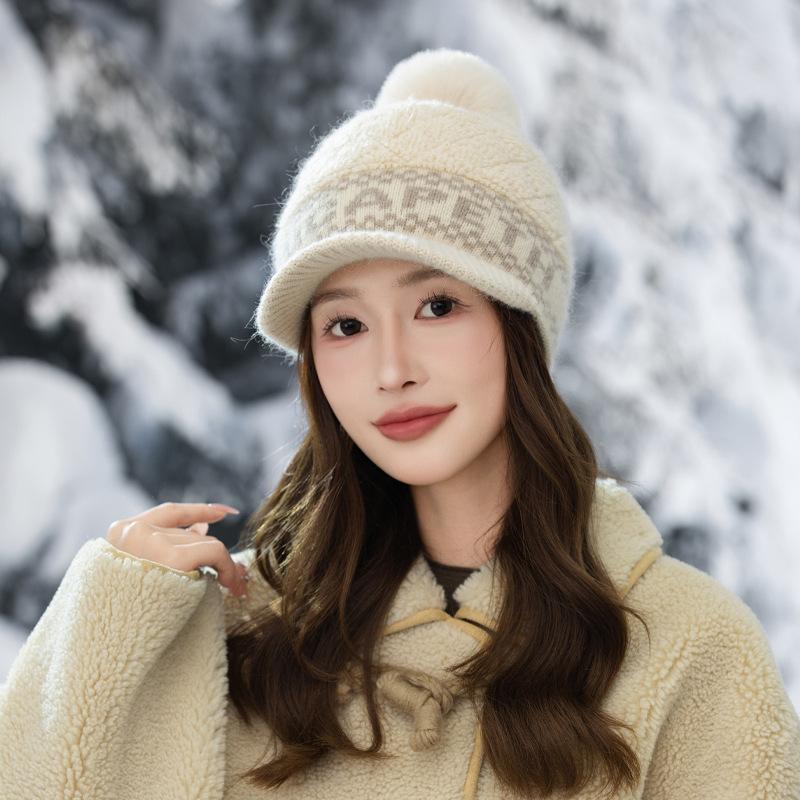 Korean Version of Autumn and Winter Hat for Women's Knitted Hat Cute Versatile Wool Ball Cap Thickened Cold Proof and Warm Duck Tongue Wool Cap
