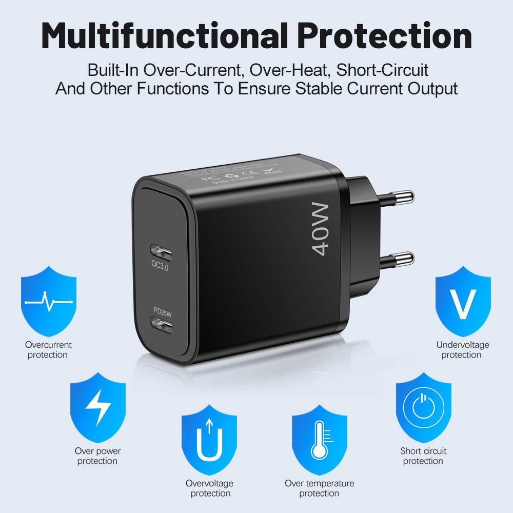 40W Dual PD Type-C Fast Charger for Mobile Phones - Travel-Friendly Charger Head