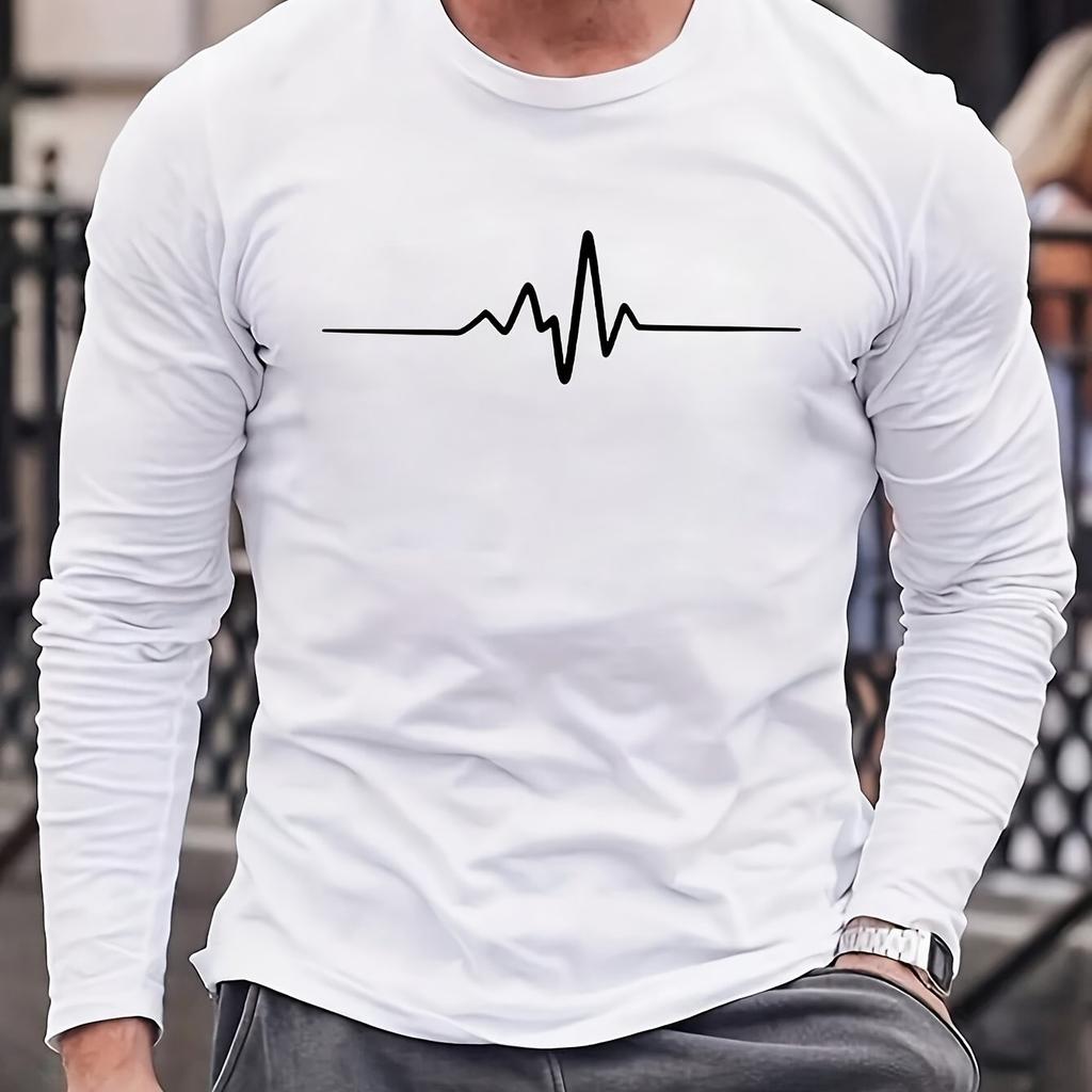 Spring and Autumn Round Neck 3D Heartbeat Line Printed Top Fashionable Casual Long Sleeved Men's T-shirts