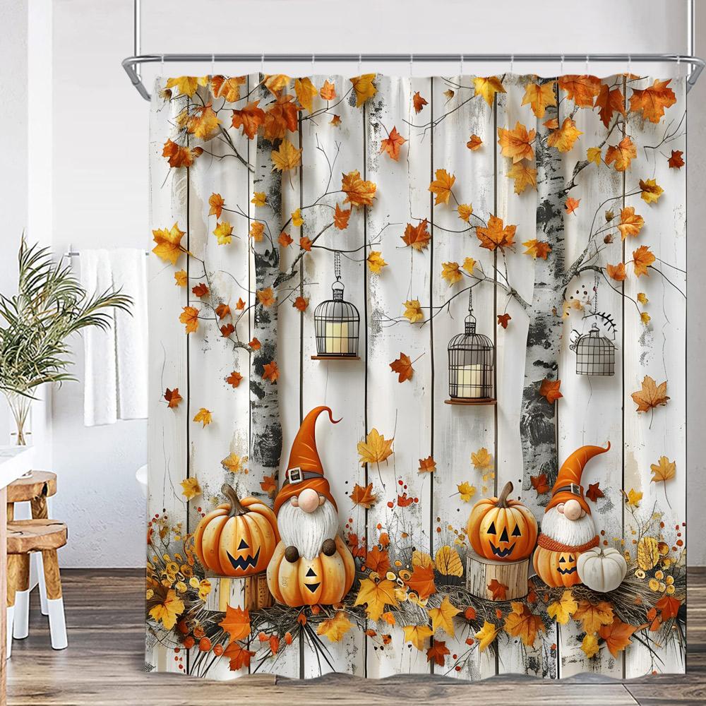 Fall Elf Shower Curtain Autumn Wooden Barn Door Pumpkin Sunflower Maple Bathroom Decor Nature Kid Child Bath Curtain with Hook
