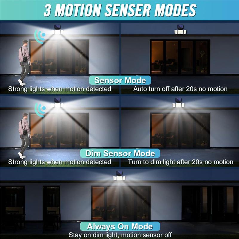 Solar Outdoor Lights, IP65 Waterproof Motion Sensor Outdoor Lights, 3 Head Solar Security Flood Lights With Wide Lighting Angle