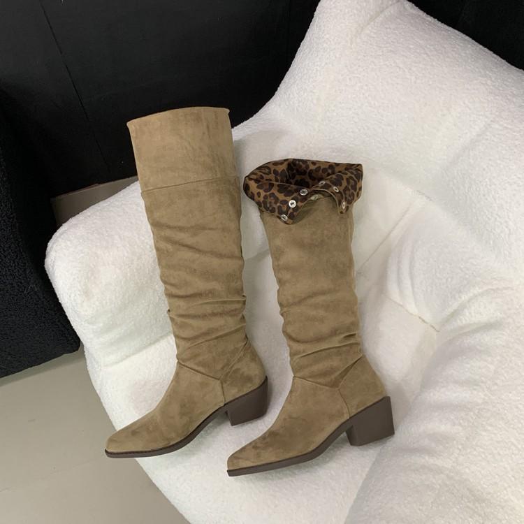 Multi-wear 2025 autumn and winter new metal buckle leopard print pointed head thick heel middle heel western cowboy boots medium boots long boots