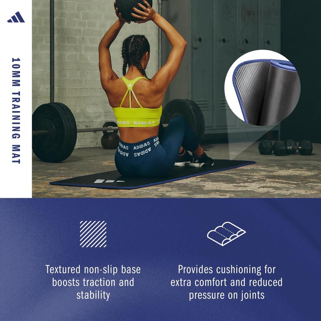 adidas Training 10mm with Carry Mat/Yoga Mat, Thick, Wide, Durable, Non-Slip, Strap, ADMT-12235BL, Black/Blue