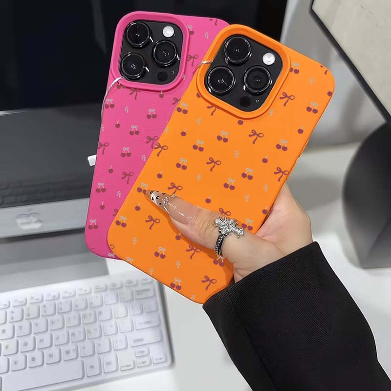 Cherry Blossom Lichee Pattern Silicone Phone Case For iPhone 16 Pro Max 15 14 Plus 13 12 11 XS X XR 16e With a Bow Design Cover