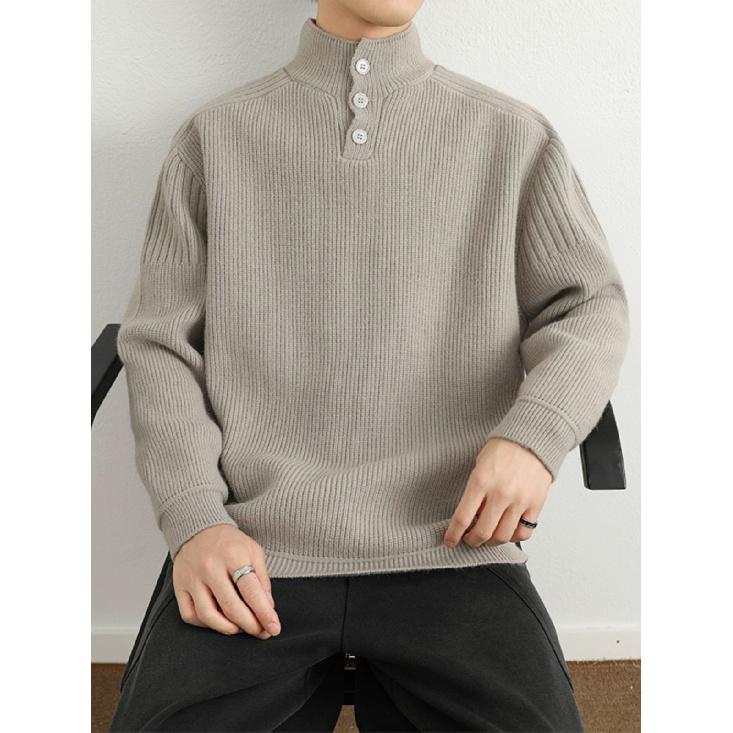 Autumn and Winter Mock Neck Sweater Men's Loose Pure Color Thickened Mid-Neck Sweater Korean Style Student Trendy Knitwear Coat