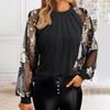 Top da donna, girocollo, in rete, a sbuffo, a maniche lunghe, tinta unita, versatile, stile camicetta