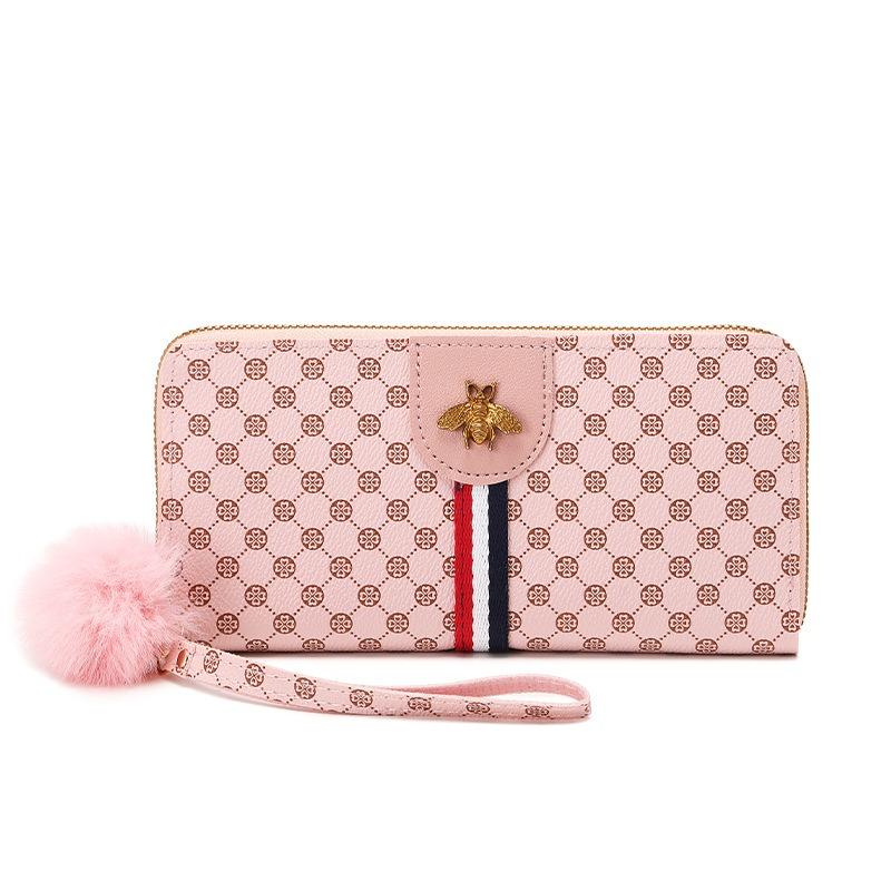 New Contrasting Color Women's Wallet Casual Printing Bee Label Change Bag Hairball Decoration Medium and Long Clutch Bag