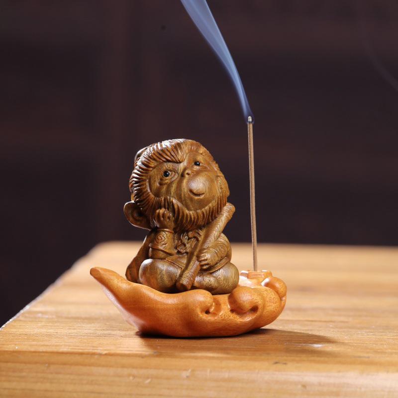 Green Sandalwood Monkey King Incense Holder with Base - Creative Zen Tea Pet Ornament for Desktop and Office.