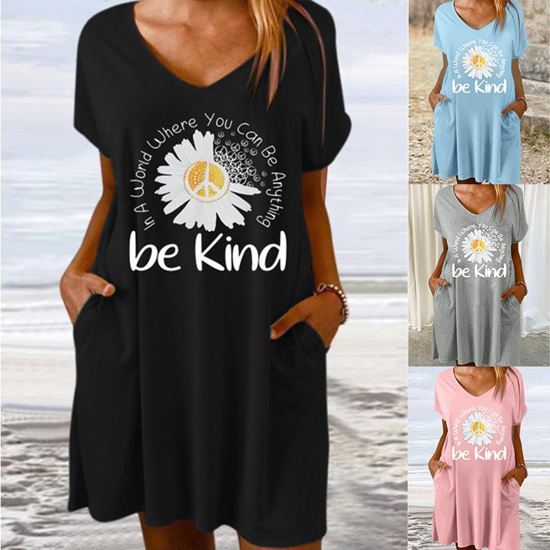 

Весеннее повседневное платье с английским принтом и цветочным принтом, женское пуловерное платье с v-образным вырезом и короткими рукавами