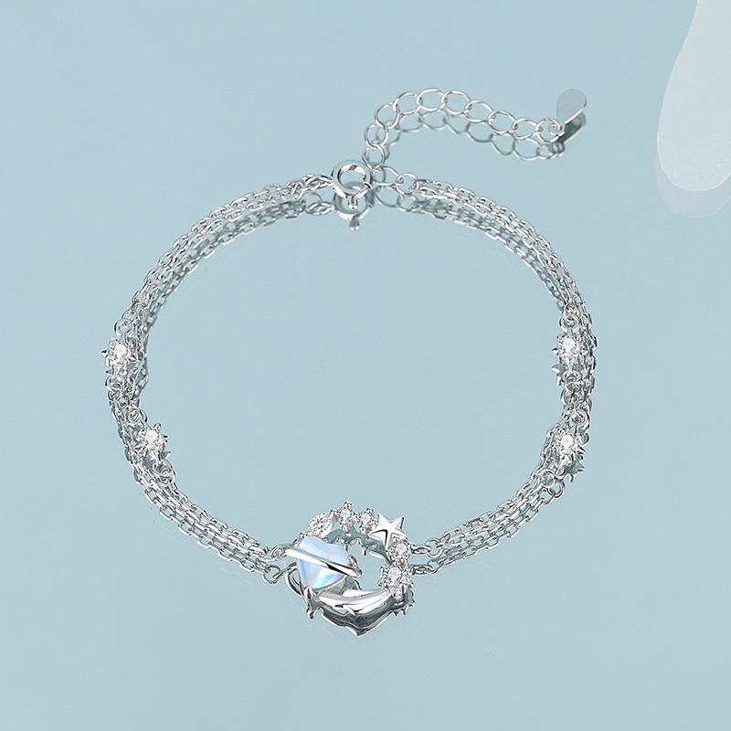 Tichia Meteor Moonstone Star Bracelet - Women s Sterling Silver 999, Korean Niche Style Sterling Silver