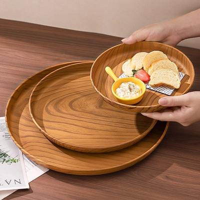 PP Round Wood-Effect Tray Plastic Tea Tray Cake & Pastry Snack Plate Household Cup Holder Fruit Bowl Kitchen Accessories