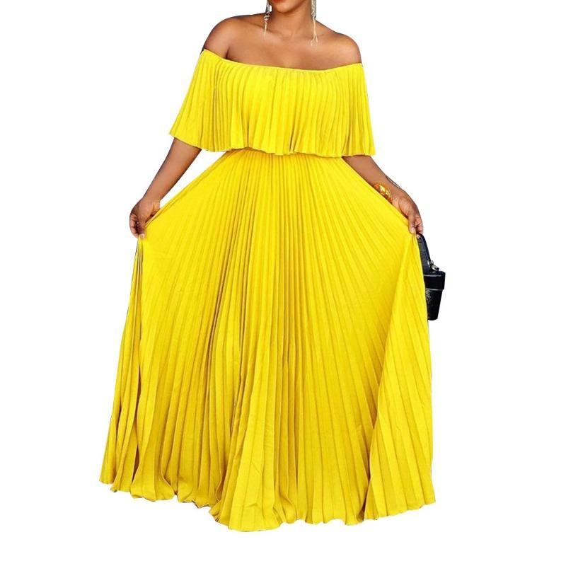 Damen Sexy Schulterfrei Kurzarm Einfarbig Lang A-Linie Abendkleid