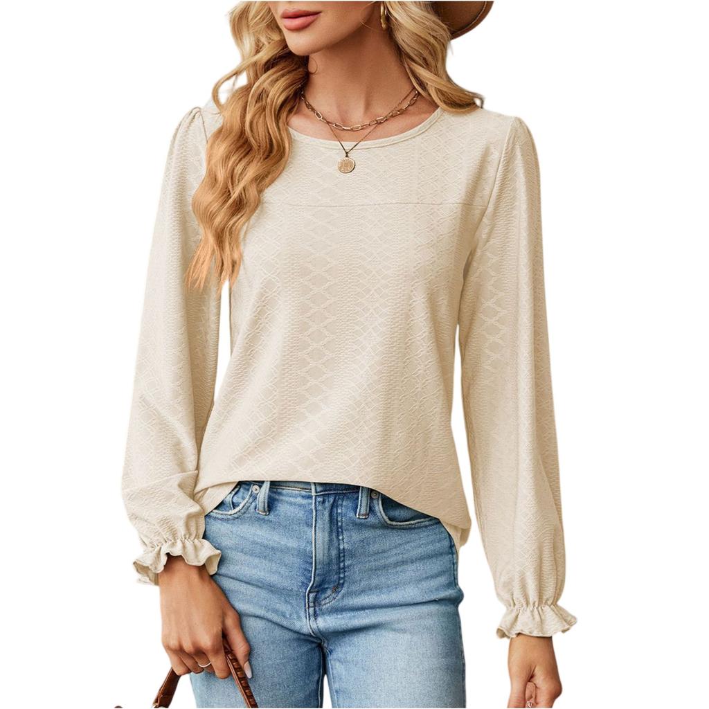 Women's Fashionable Color Loose Round Neck Long Sleeved Pullover T-shirt Top