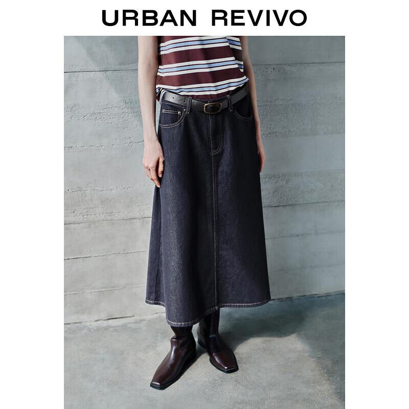 UR 2025 Summer Retro Washed Belted Denim A-line Skirt XS
