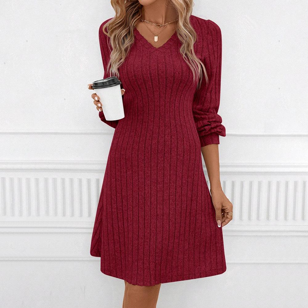 Herbst Winter Mode Schlankes Rotes A-Linien Mini-Kleid Damen Harajuku V-Ausschnitt Bodycon Kleid Langarm Elastisch Gestrickt Freizeitkleider