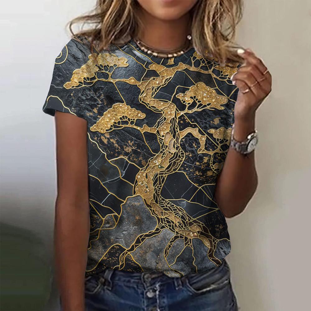 Fashionable 3d Printed Landscape Animal Style Summer Round Neck Short Sleeved Top T-Shirt Casual Versatile Loose Oversized Women