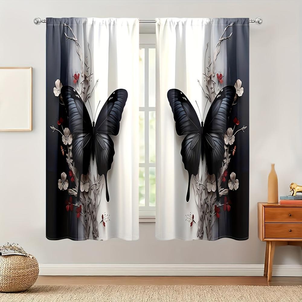 2Pcs Black Butterfly & Floral Print Curtains - Semi-Transparent Polyester, Rod Pocket Style, Soft Light Filtering For Living Roo