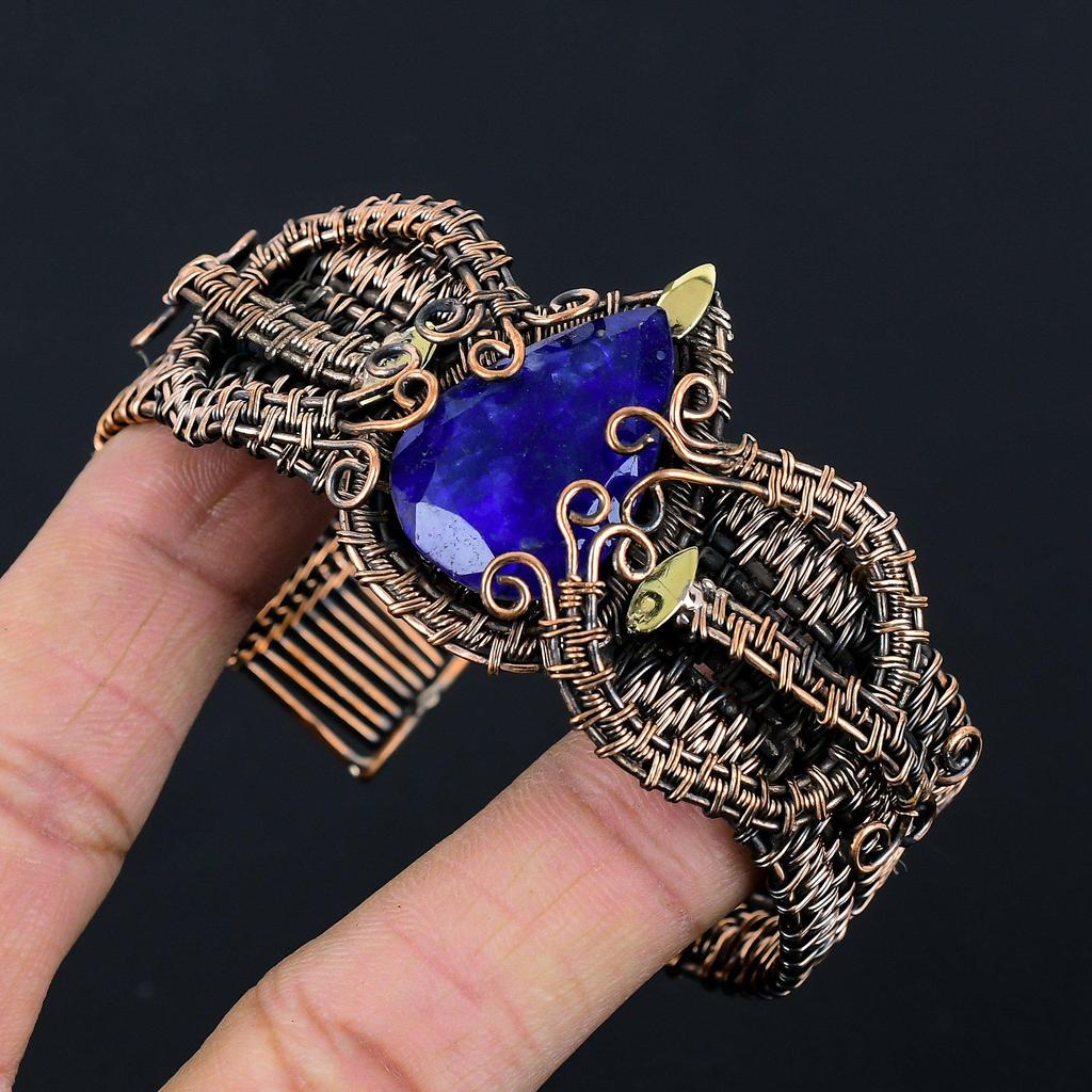 Safir Albastru Piatră Prețioasă Creată în Laborator Bijuterii Handmade cu Înfășurare din Sârmă de Cupru Manșetă Ajustabilă Minunată Pentru Ea