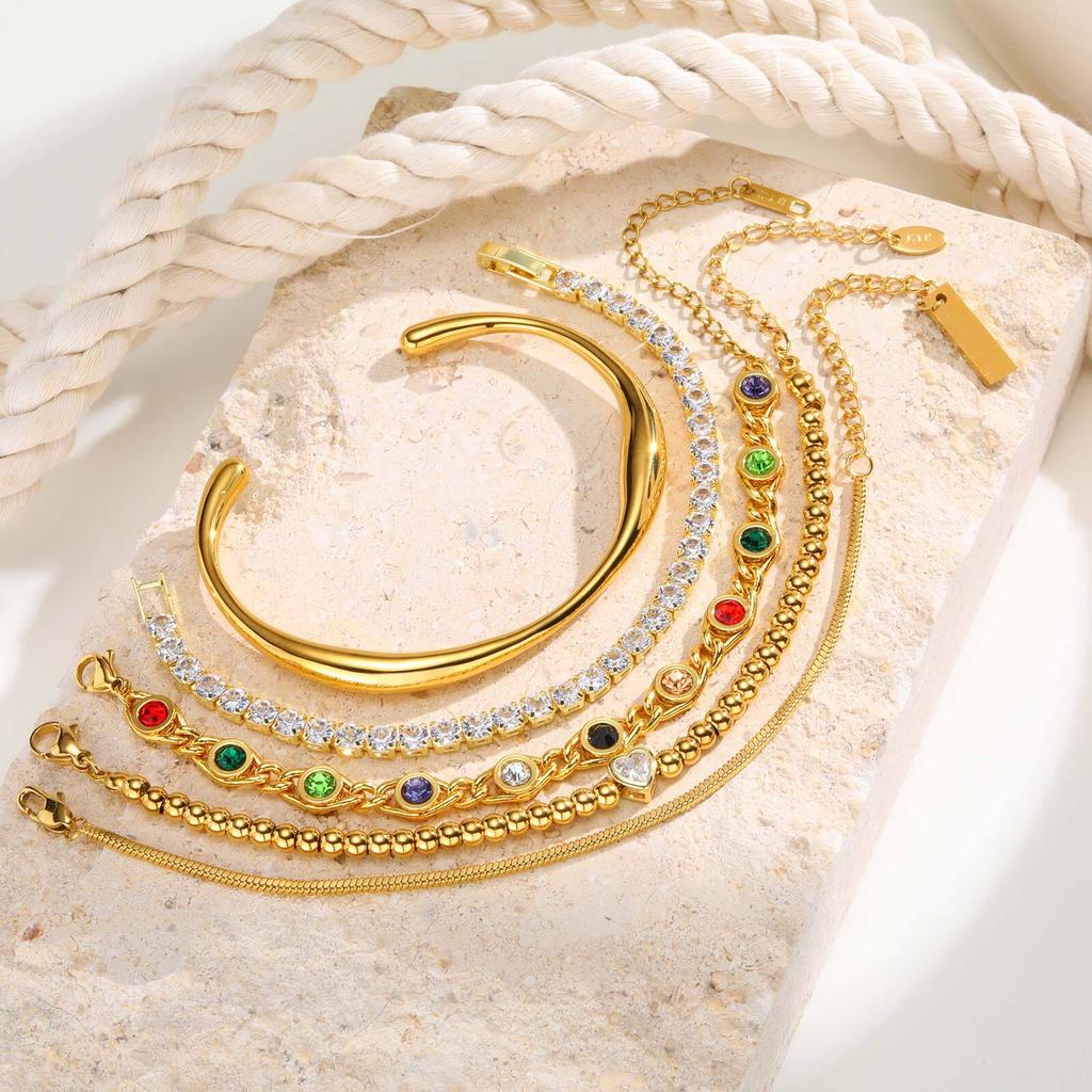 Cubic Zircon Heat Chain Bracelet, Adjustable Gold Plated Stainless Steel Bracelet Cuffs Wristband, Anniversary Gift for Women